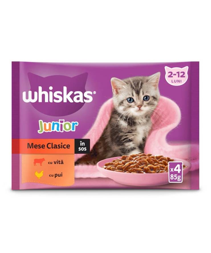 Whiskas Junior Selection Classic Pui si Vita in Sos 4x85gr Whiskas Junior Selection Classic Pui si Vita in Sos 4x85gr